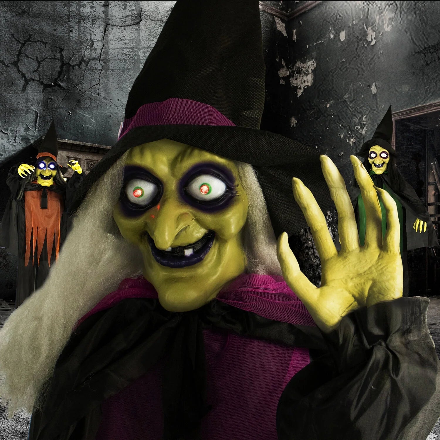 5.7 Ft Animatronic 3 Witches with Cauldron, Indoor/Covered Outdoor Halloween Decoration with Light-Up Eyes, HHWITCH-15FLS