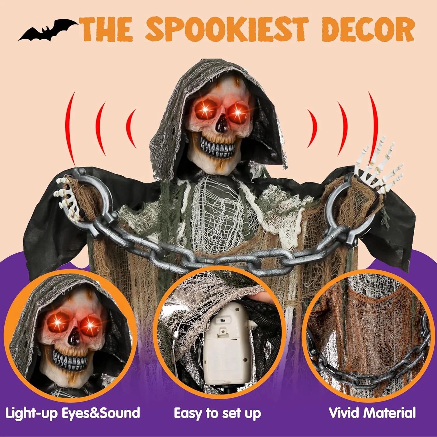 67 Inch Standing Grim Reaper with Chain Large Halloween Decorations Outdoor Scary Decorations Halloween Motion Activated Grim Reaper with LED Eyes & Sound