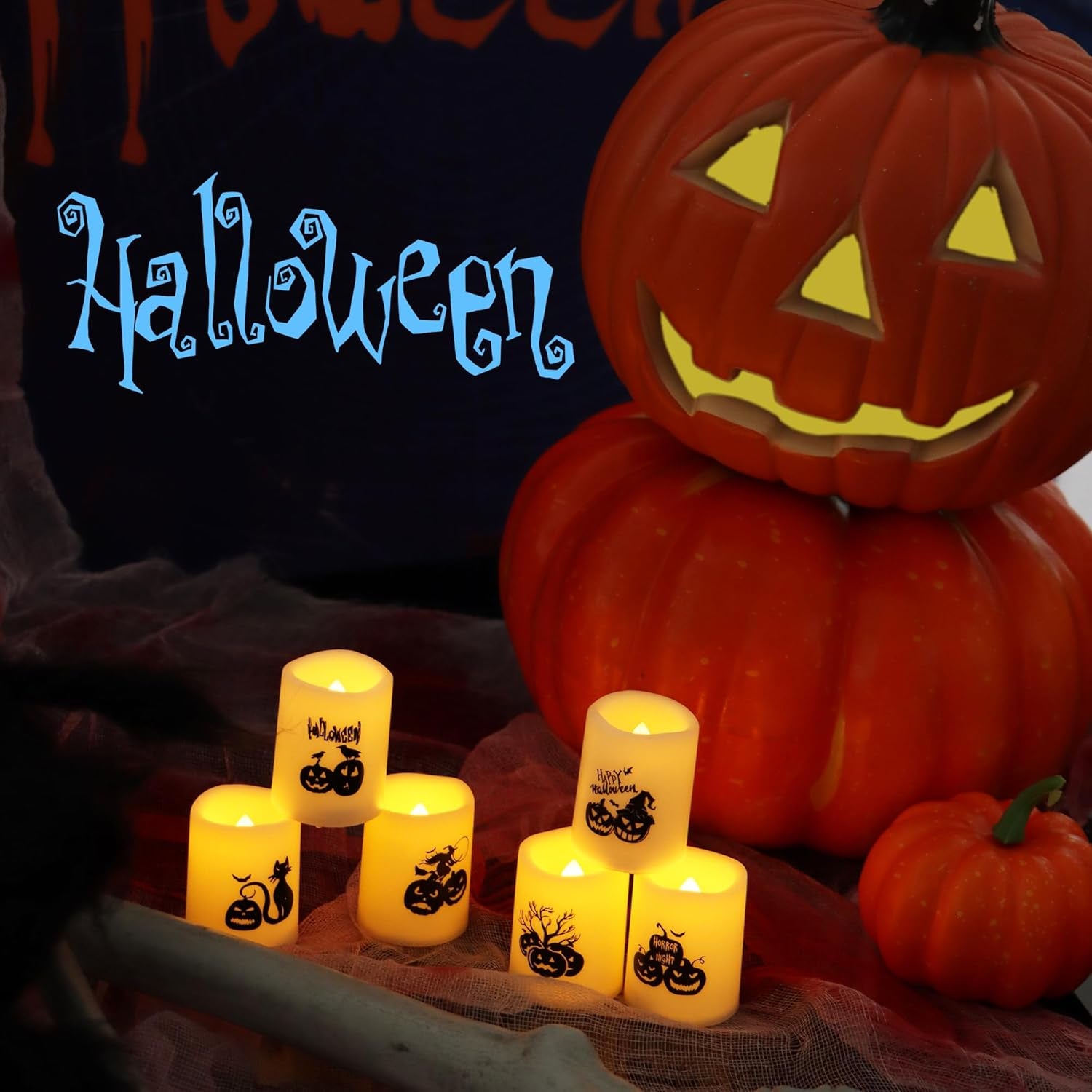 Battery Operated Flameless Votive Candles, Small Realistic Flickering Electric LED Candle Lights with Pumpkin Decals for Halloween Decorations, Pack of 6, Batteries Included