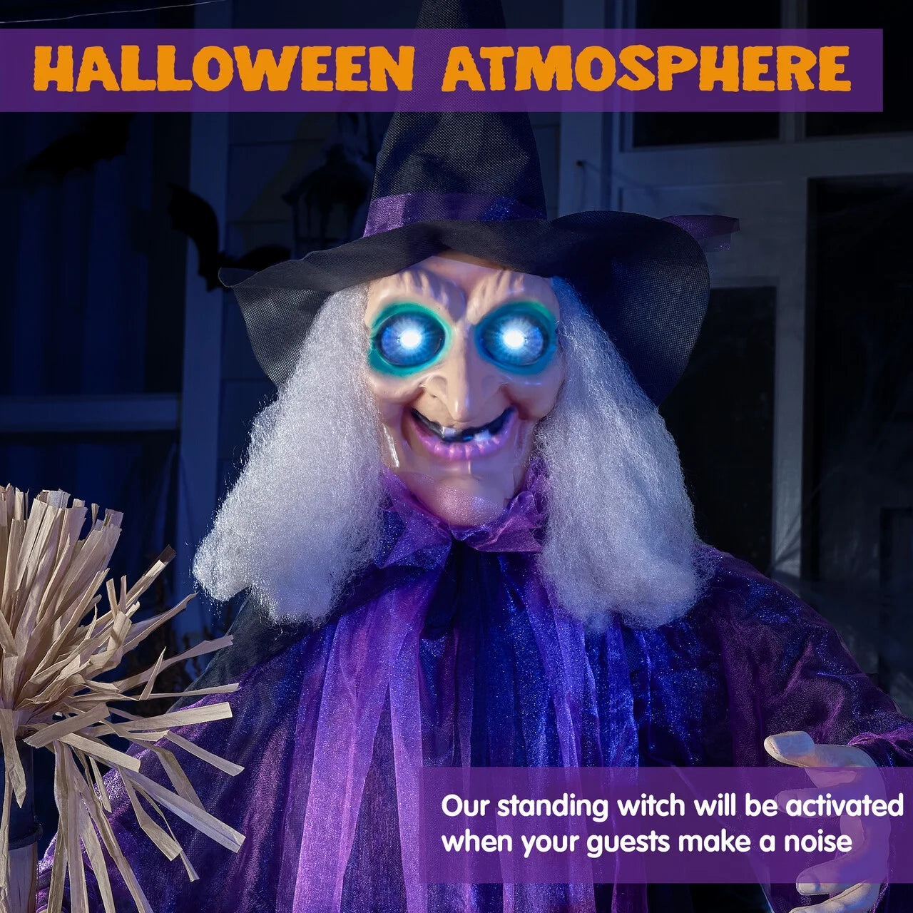 6 Ft Standing Witch Life Size Animated Halloween Decorations Outdoor Scary Decorations Halloween Motion Activated Witch with LED Eyes & Sound,Haunted House Decor
