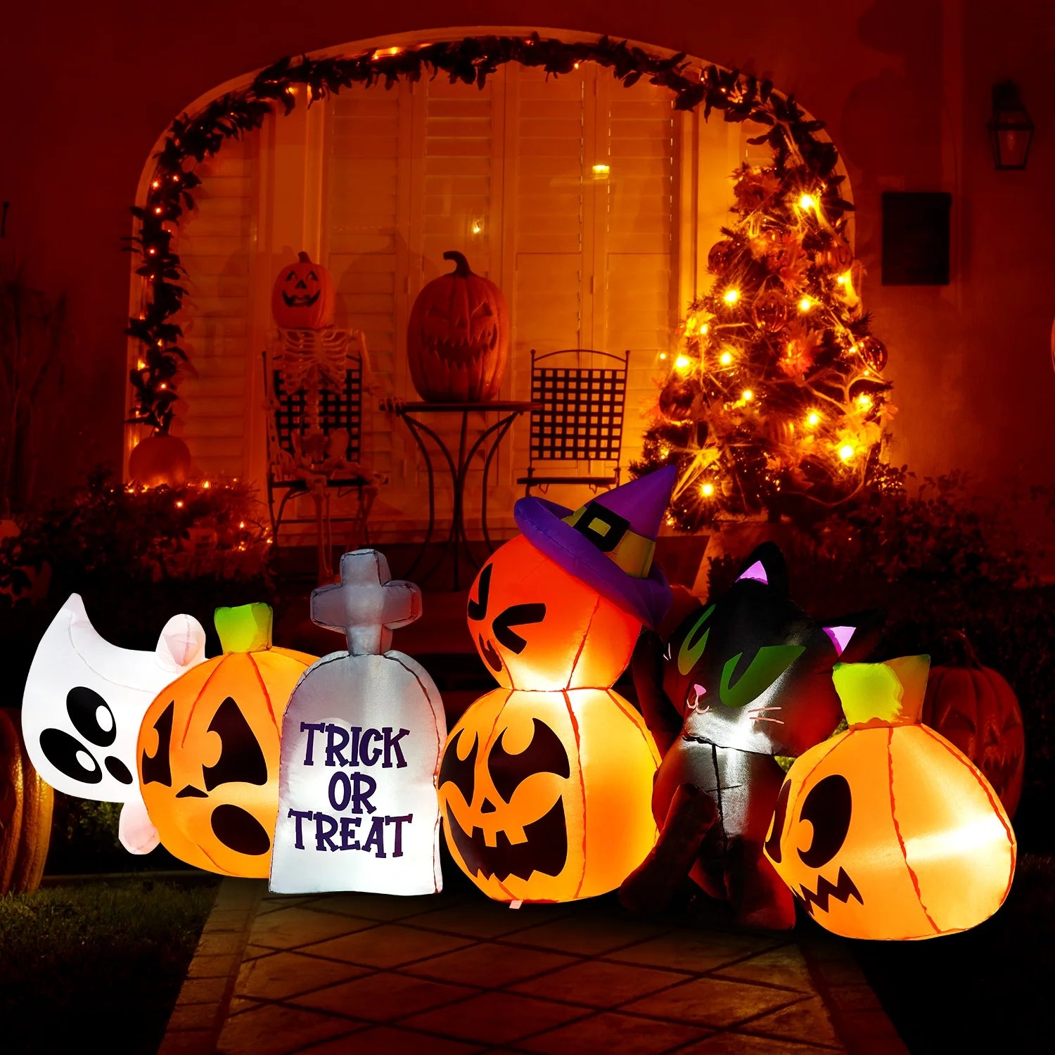 8 Ft Halloween Inflatables Characters,Long Light up Pumpkin Ghost Cat Tombstone Halloween Blow up Yard Decorations,Outdoor Halloween Decor